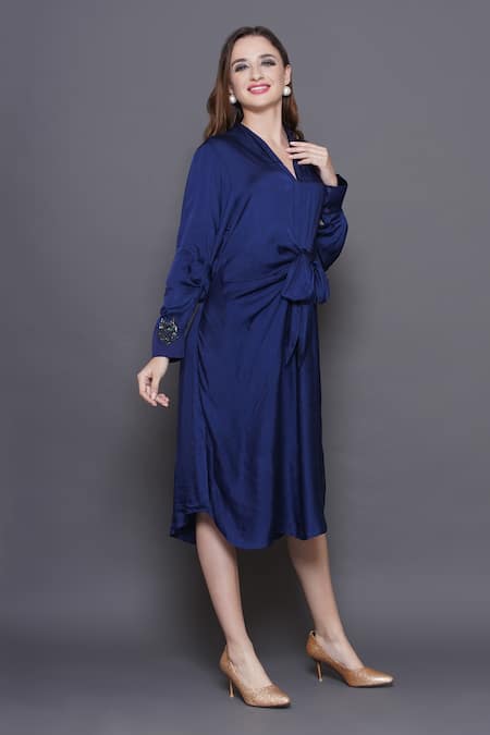 Angry Owl_Blue Modal, Satin Embroidery V-neck Owl Patchwork Knotted Midi Dress _Online_at_Aza_Fashions