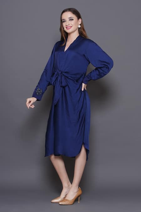 Buy_Angry Owl_Blue Modal, Satin Embroidery V-neck Owl Patchwork Knotted Midi Dress _Online_at_Aza_Fashions