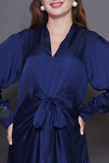 Shop_Angry Owl_Blue Modal, Satin Embroidery V-neck Owl Patchwork Knotted Midi Dress _Online_at_Aza_Fashions