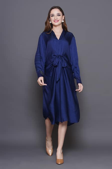 Angry Owl_Blue Modal, Satin Embroidery V-neck Owl Patchwork Knotted Midi Dress _at_Aza_Fashions