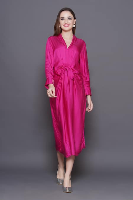 Angry Owl_Pink Modal, Satin Embroidery V-neck Owl Patchwork Knotted Dress _Online_at_Aza_Fashions