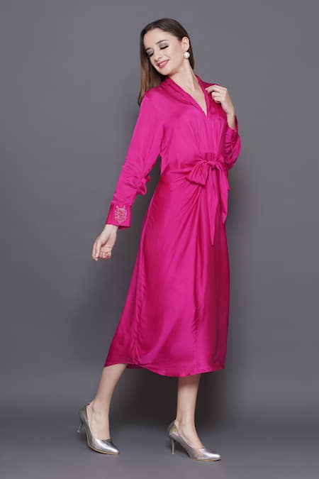Buy_Angry Owl_Pink Modal, Satin Embroidery V-neck Owl Patchwork Knotted Dress _Online_at_Aza_Fashions