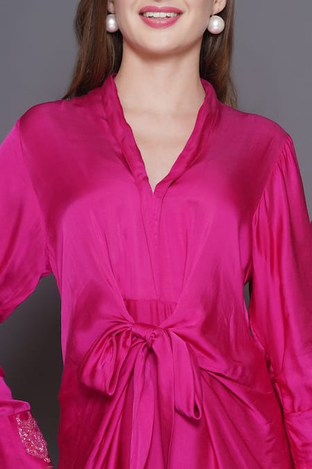 Angry Owl_Pink Modal, Satin Embroidery V-neck Owl Patchwork Knotted Dress _at_Aza_Fashions