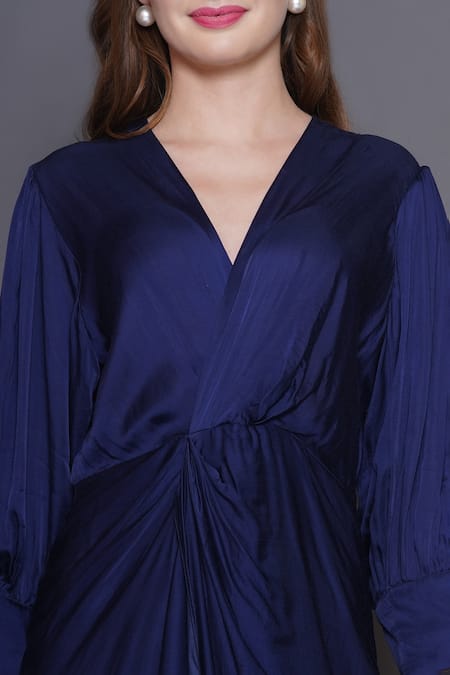 Angry Owl_Blue Modal, Satin V-neck Embellished Owl Patchwork Draped Dress _Online_at_Aza_Fashions