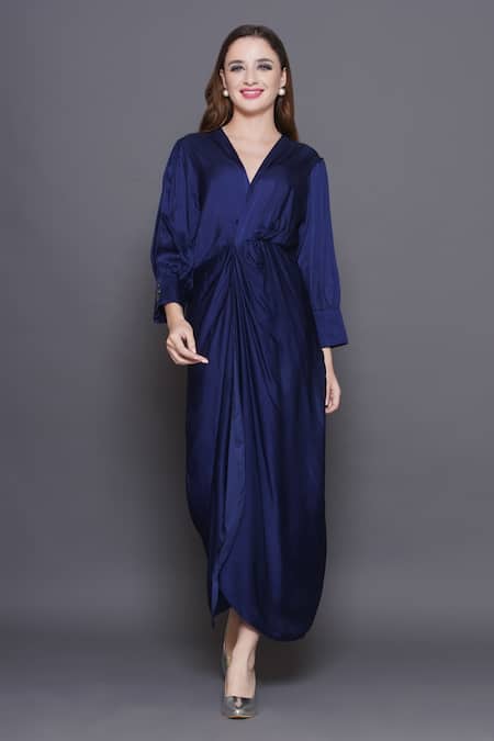 Buy_Angry Owl_Blue Modal, Satin V-neck Embellished Owl Patchwork Draped Dress _Online_at_Aza_Fashions