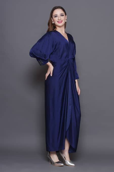 Shop_Angry Owl_Blue Modal, Satin V-neck Embellished Owl Patchwork Draped Dress _Online_at_Aza_Fashions