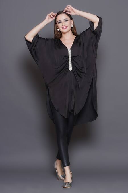 Angry Owl_Black Modal, Satin Pearls V-neck Placket Embroidered Tunic _Online_at_Aza_Fashions