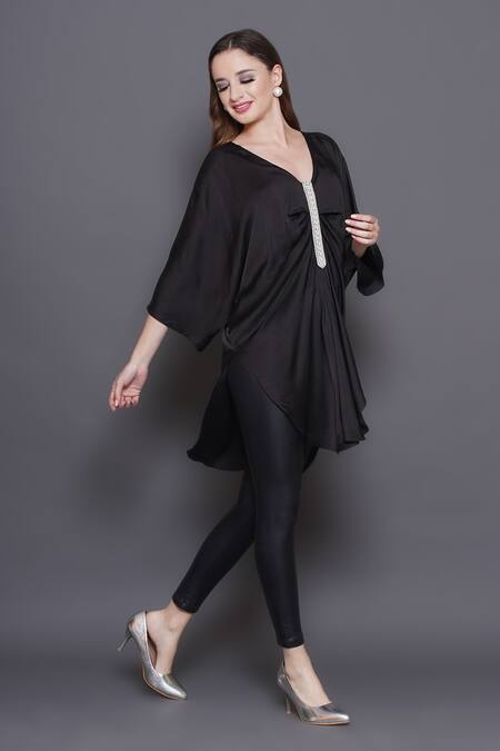 Buy_Angry Owl_Black Modal, Satin Pearls V-neck Placket Embroidered Tunic _Online_at_Aza_Fashions