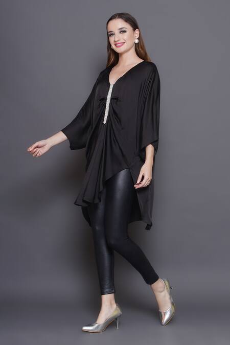 Shop_Angry Owl_Black Modal, Satin Pearls V-neck Placket Embroidered Tunic _Online_at_Aza_Fashions