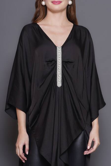 Angry Owl_Black Modal, Satin Pearls V-neck Placket Embroidered Tunic _at_Aza_Fashions