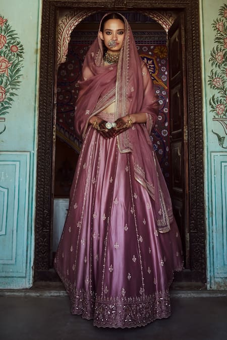 Jigar Mali Purple Organza, Chanderi Cut Work, Sequins Scoop Stripe Embroidered Lehenga Set 