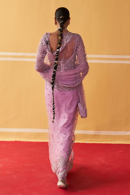 Shop Jigar Mali Purple Georgette, Satin Sequins, Beads Scattered Embroidered Saree With Blouse at Aza Fashions Shop_Jigar Mali_Purple Georgette, Satin Sequins, Beads Scattered Embroidered Saree With Blouse _at_Aza_Fashions