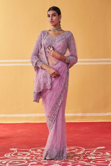 Shop Jigar Mali Purple Georgette, Satin Sequins, Beads Scattered Embroidered Saree With Blouse Online at Aza Fashions Shop_Jigar Mali_Purple Georgette, Satin Sequins, Beads Scattered Embroidered Saree With Blouse _Online_at_Aza_Fashions