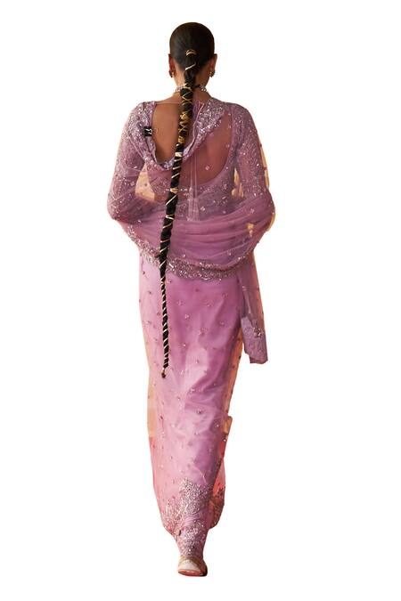 Jigar Mali Purple Georgette, Satin Sequins, Beads Scattered Embroidered Saree With Blouse at Aza Fashions Jigar Mali_Purple Georgette, Satin Sequins, Beads Scattered Embroidered Saree With Blouse _at_Aza_Fashions