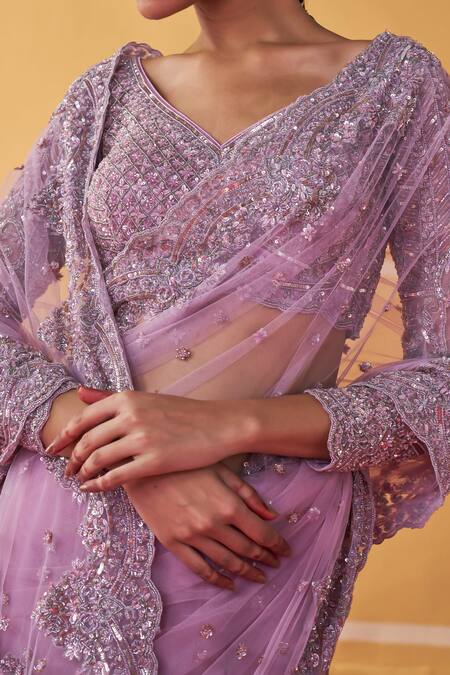 Buy Jigar Mali Purple Georgette, Satin Sequins, Beads Scattered Embroidered Saree With Blouse Buy_Jigar Mali_Purple Georgette, Satin Sequins, Beads Scattered Embroidered Saree With Blouse