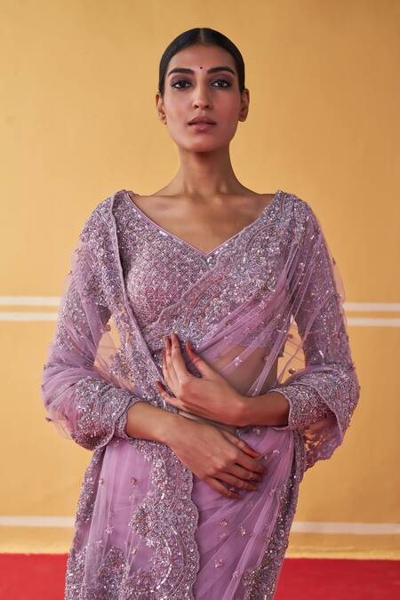 Shop Jigar Mali Purple Georgette, Satin Sequins, Beads Scattered Embroidered Saree With Blouse Shop_Jigar Mali_Purple Georgette, Satin Sequins, Beads Scattered Embroidered Saree With Blouse