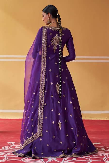 Shop Jigar Mali Purple Organza, Chanderi Sequins, Zari, Dori Embroidered Jacket Kurta Skirt Set at Aza Fashions Shop_Jigar Mali_Purple Organza, Chanderi Sequins, Zari, Dori Embroidered Jacket Kurta Skirt Set _at_Aza_Fashions