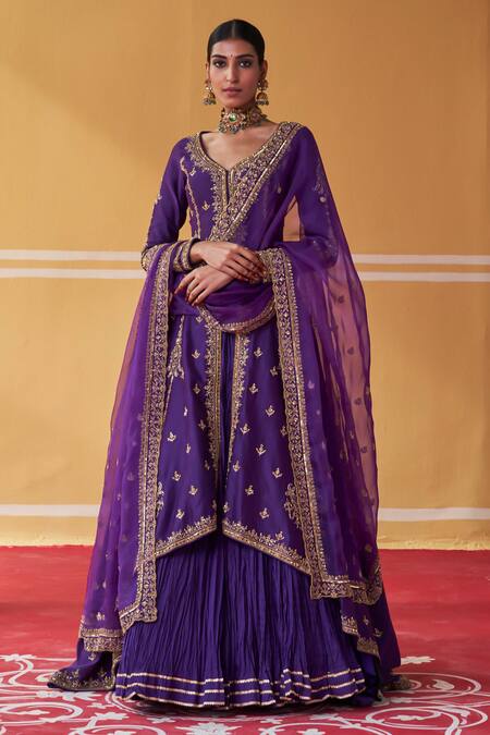 Jigar Mali Purple Organza, Chanderi Sequins, Zari, Dori Embroidered Jacket Kurta Skirt Set Online at Aza Fashions Jigar Mali_Purple Organza, Chanderi Sequins, Zari, Dori Embroidered Jacket Kurta Skirt Set _Online_at_Aza_Fashions