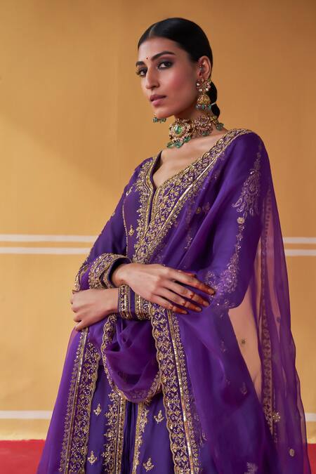 Shop Jigar Mali Purple Organza, Chanderi Sequins, Zari, Dori Embroidered Jacket Kurta Skirt Set Online at Aza Fashions Shop_Jigar Mali_Purple Organza, Chanderi Sequins, Zari, Dori Embroidered Jacket Kurta Skirt Set _Online_at_Aza_Fashions