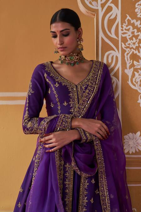 Jigar Mali Purple Organza, Chanderi Sequins, Zari, Dori Embroidered Jacket Kurta Skirt Set at Aza Fashions Jigar Mali_Purple Organza, Chanderi Sequins, Zari, Dori Embroidered Jacket Kurta Skirt Set _at_Aza_Fashions