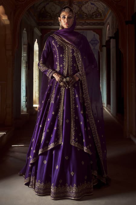 Jigar Mali Purple Organza, Chanderi Sequins, Zari, Floral Embroidered Jacket Lehenga Set 