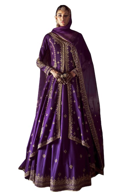 Jigar Mali Purple Organza, Chanderi Sequins, Zari, Floral Embroidered Jacket Lehenga Set Online at Aza Fashions Jigar Mali_Purple Organza, Chanderi Sequins, Zari, Floral Embroidered Jacket Lehenga Set _Online_at_Aza_Fashions