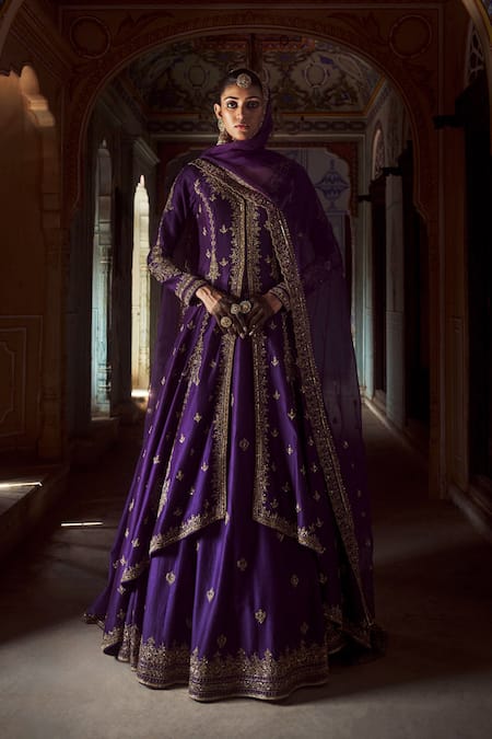 Buy Jigar Mali Purple Organza, Chanderi Sequins, Zari, Floral Embroidered Jacket Lehenga Set Online at Aza Fashions Buy_Jigar Mali_Purple Organza, Chanderi Sequins, Zari, Floral Embroidered Jacket Lehenga Set _Online_at_Aza_Fashions