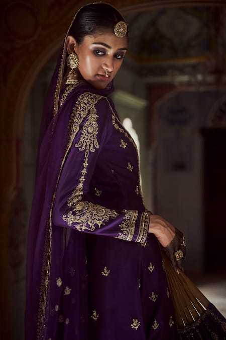 Shop Jigar Mali Purple Organza, Chanderi Sequins, Zari, Floral Embroidered Jacket Lehenga Set at Aza Fashions Shop_Jigar Mali_Purple Organza, Chanderi Sequins, Zari, Floral Embroidered Jacket Lehenga Set _at_Aza_Fashions