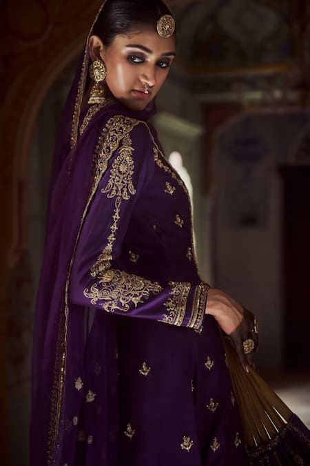 Shop Jigar Mali Purple Organza, Chanderi Sequins, Zari, Floral Embroidered Jacket Lehenga Set Online at Aza Fashions Shop_Jigar Mali_Purple Organza, Chanderi Sequins, Zari, Floral Embroidered Jacket Lehenga Set _Online_at_Aza_Fashions