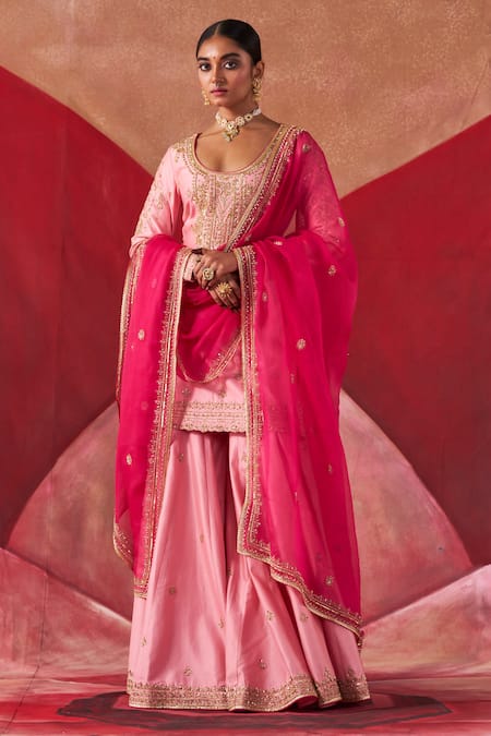Jigar Mali Pink Organza, Chanderi Cut Work, Sequins, Zardozi Embroidered Kurta Sharara Set 
