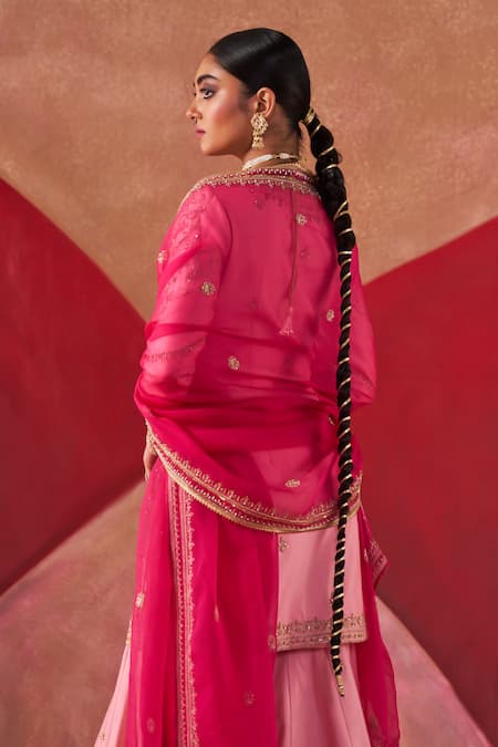 Jigar Mali_Pink Organza, Chanderi Cut Work, Sequins, Zardozi Embroidered Kurta Sharara Set _Online_at_Aza_Fashions