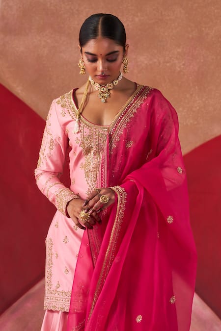 Shop_Jigar Mali_Pink Organza, Chanderi Cut Work, Sequins, Zardozi Embroidered Kurta Sharara Set _Online_at_Aza_Fashions