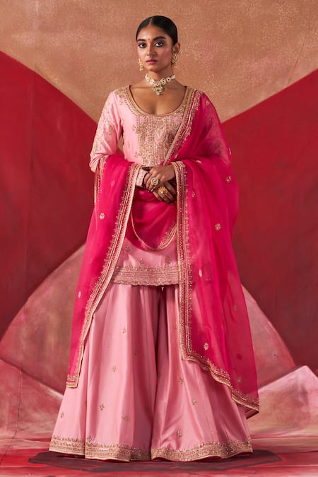 Jigar Mali_Pink Organza, Chanderi Cut Work, Sequins, Zardozi Embroidered Kurta Sharara Set _at_Aza_Fashions
