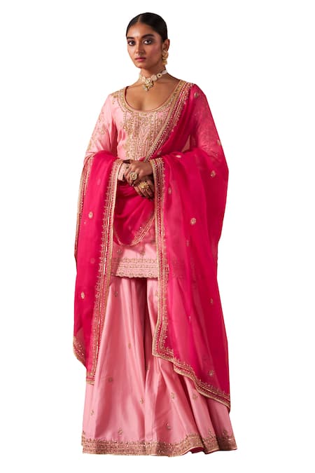 Shop_Jigar Mali_Pink Organza, Chanderi Cut Work, Sequins, Zardozi Embroidered Kurta Sharara Set 