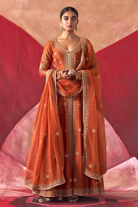 Jigar Mali_Orange Organza, Chanderi Zari, Beads, Embroidered Jacket Anarkali Pant Set_Online_at_Aza_Fashions