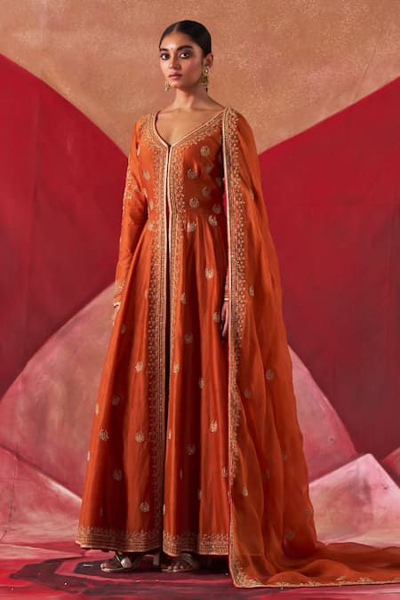 Shop_Jigar Mali_Orange Organza, Chanderi Zari, Beads, Embroidered Jacket Anarkali Pant Set_Online_at_Aza_Fashions