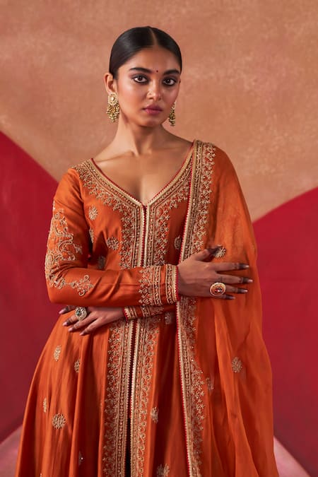 Jigar Mali_Orange Organza, Chanderi Zari, Beads, Embroidered Jacket Anarkali Pant Set_at_Aza_Fashions