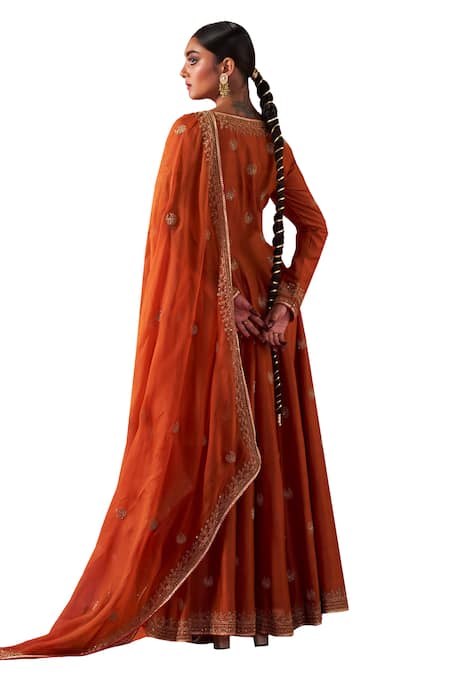 Buy_Jigar Mali_Orange Organza, Chanderi Zari, Beads, Embroidered Jacket Anarkali Pant Set
