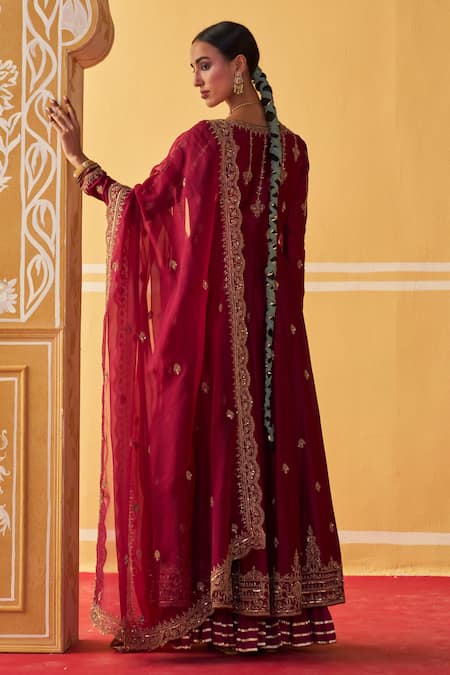Shop Jigar Mali Wine Organza, Chanderi Sequins, Beads, Cut Work, Jacket Anarkali Skirt Set at Aza Fashions Shop_Jigar Mali_Wine Organza, Chanderi Sequins, Beads, Cut Work, Jacket Anarkali Skirt Set _at_Aza_Fashions