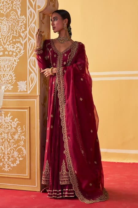 Buy Jigar Mali Wine Organza, Chanderi Sequins, Beads, Cut Work, Jacket Anarkali Skirt Set Online at Aza Fashions Buy_Jigar Mali_Wine Organza, Chanderi Sequins, Beads, Cut Work, Jacket Anarkali Skirt Set _Online_at_Aza_Fashions
