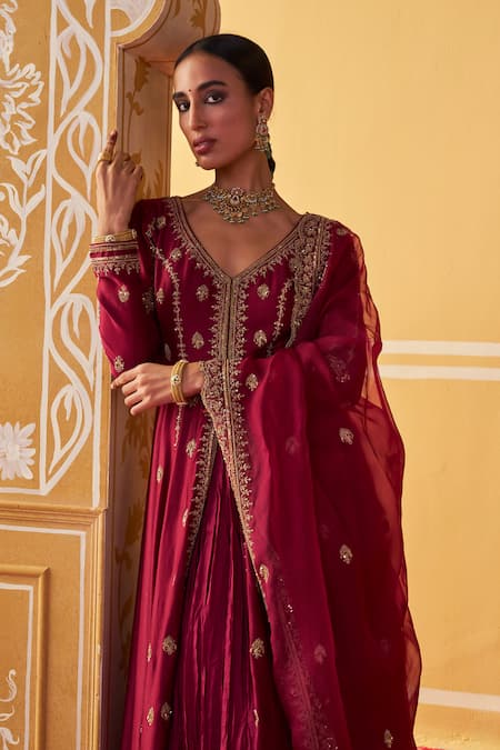 Shop Jigar Mali Wine Organza, Chanderi Sequins, Beads, Cut Work, Jacket Anarkali Skirt Set Online at Aza Fashions Shop_Jigar Mali_Wine Organza, Chanderi Sequins, Beads, Cut Work, Jacket Anarkali Skirt Set _Online_at_Aza_Fashions