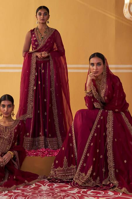 Jigar Mali Wine Organza, Chanderi Sequins, Beads, Cut Work, Jacket Anarkali Skirt Set at Aza Fashions Jigar Mali_Wine Organza, Chanderi Sequins, Beads, Cut Work, Jacket Anarkali Skirt Set _at_Aza_Fashions