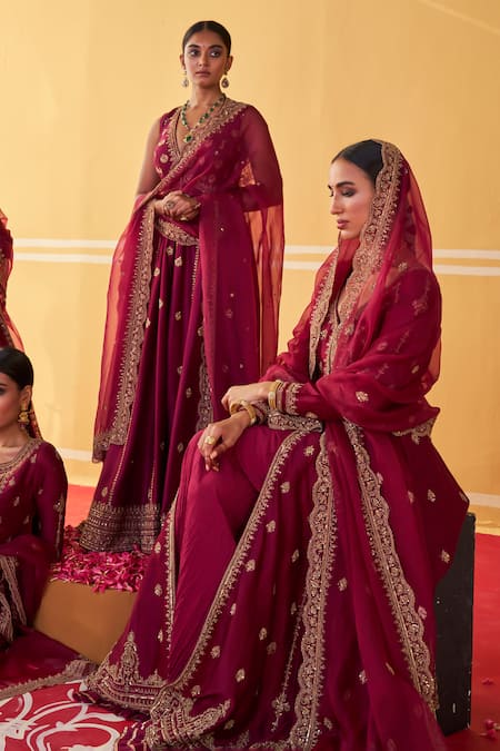 Buy Jigar Mali Wine Organza, Chanderi Sequins, Beads, Cut Work, Jacket Anarkali Skirt Set Buy_Jigar Mali_Wine Organza, Chanderi Sequins, Beads, Cut Work, Jacket Anarkali Skirt Set