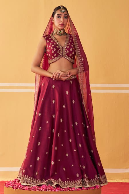 Jigar Mali Wine Organza, Chanderi Embroidery, Beads, Sequins V-neck Dori Lehenga Set 