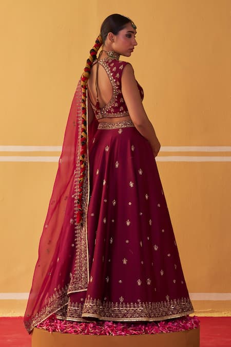 Shop Jigar Mali Wine Organza, Chanderi Embroidery, Beads, Sequins V-neck Dori Lehenga Set at Aza Fashions Shop_Jigar Mali_Wine Organza, Chanderi Embroidery, Beads, Sequins V-neck Dori Lehenga Set _at_Aza_Fashions