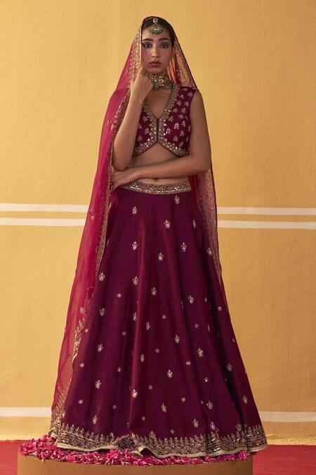 Shop Jigar Mali Wine Organza, Chanderi Embroidery, Beads, Sequins V-neck Dori Lehenga Set Online at Aza Fashions Shop_Jigar Mali_Wine Organza, Chanderi Embroidery, Beads, Sequins V-neck Dori Lehenga Set _Online_at_Aza_Fashions