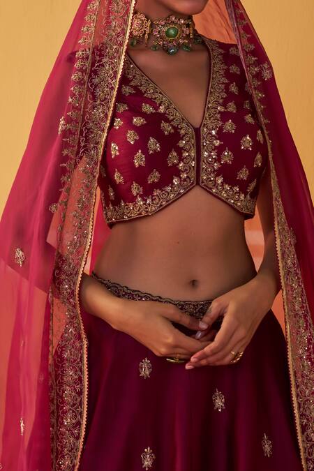 Shop Jigar Mali Wine Organza, Chanderi Embroidery, Beads, Sequins V-neck Dori Lehenga Set Shop_Jigar Mali_Wine Organza, Chanderi Embroidery, Beads, Sequins V-neck Dori Lehenga Set