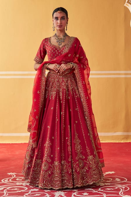 Jigar Mali Maroon Chanderi Sequins, Zari, Embroidery Sweetheart Neck Bridal Lehenga Set 