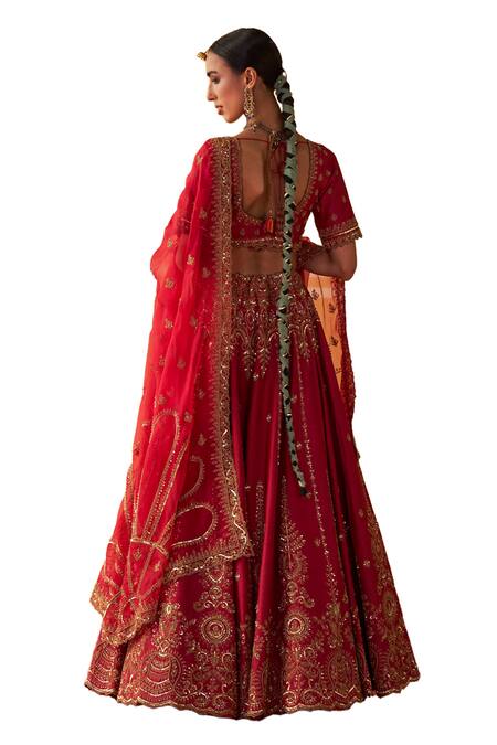 Shop Jigar Mali Maroon Chanderi Sequins, Zari, Embroidery Sweetheart Neck Bridal Lehenga Set Shop_Jigar Mali_Maroon Chanderi Sequins, Zari, Embroidery Sweetheart Neck Bridal Lehenga Set