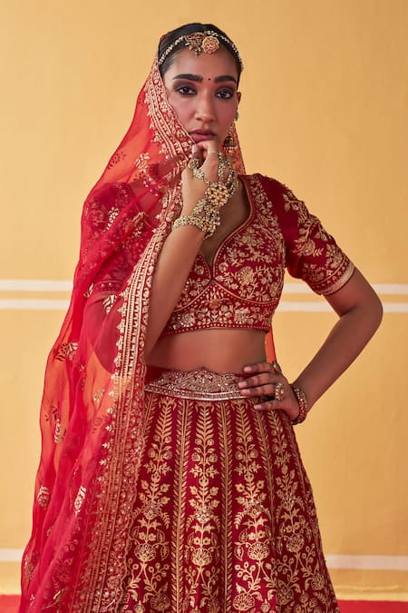 Jigar Mali Red Chanderi Silk, Organza Cut Work, Sequins Floral Stripe Pattern Lehenga Set Online at Aza Fashions Jigar Mali_Red Chanderi Silk, Organza Cut Work, Sequins Floral Stripe Pattern Lehenga Set _Online_at_Aza_Fashions